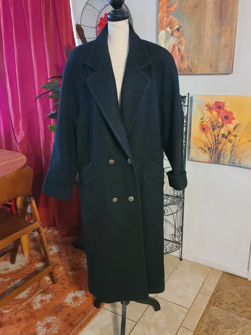 Vtg Jofeld Wool Coat Women XL Black Collar Pockets Quiet Luxury Paisley Liner